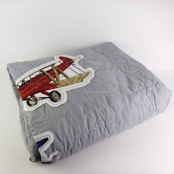 Twin Airplane Quilt Set 2PC Gray Applique Bedding Kids Aviation Cotton Sky Hawk - Picture 4 of 7